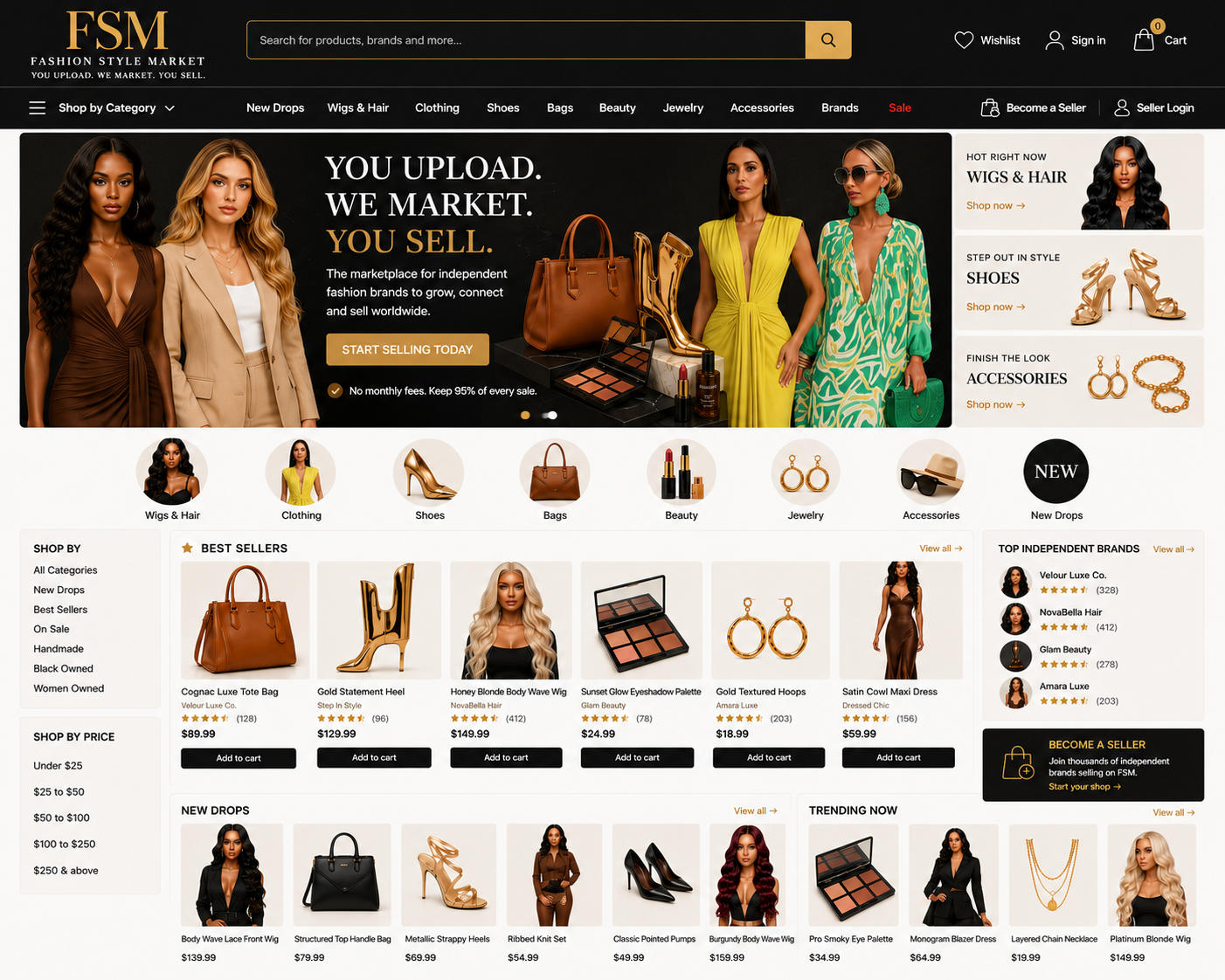 Fashion Style Market multi-vendor marketplace preview showing categories, best sellers, new drops, trending products, and top independent brands